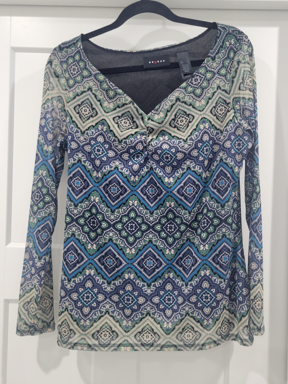 Axcess Y2K Geometric Mesh Top V-Neck Boho Tile Print Blue Green Size Large